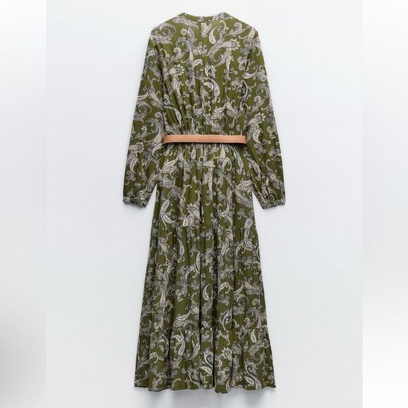 ZARA BNWT GREEN PAISLEY PRINT MIDI SHIRT DRESS BELTED. - Picture 8 of 10